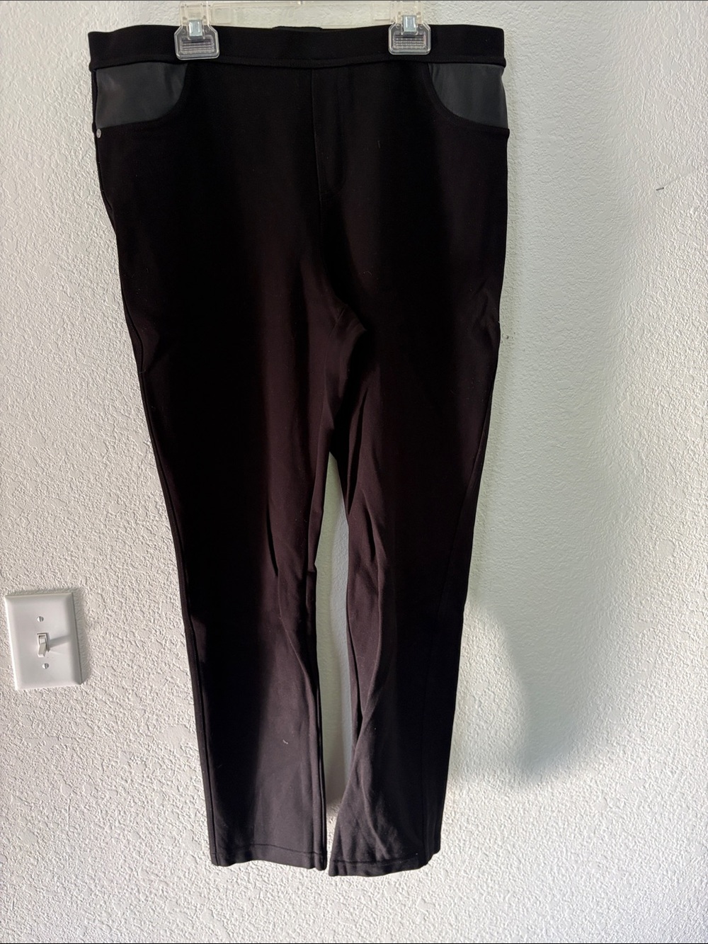 DKNY Black Stretch Ponte Pants with Faux-Leather Pocket Trim